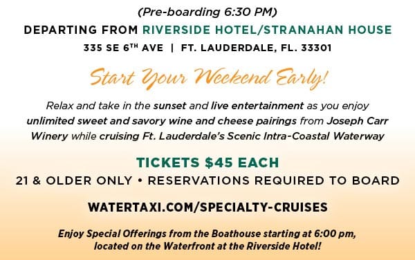 Water Taxi Sunset Wine & Cheese Cruise | August 14th 6:30pm to 8:30pm