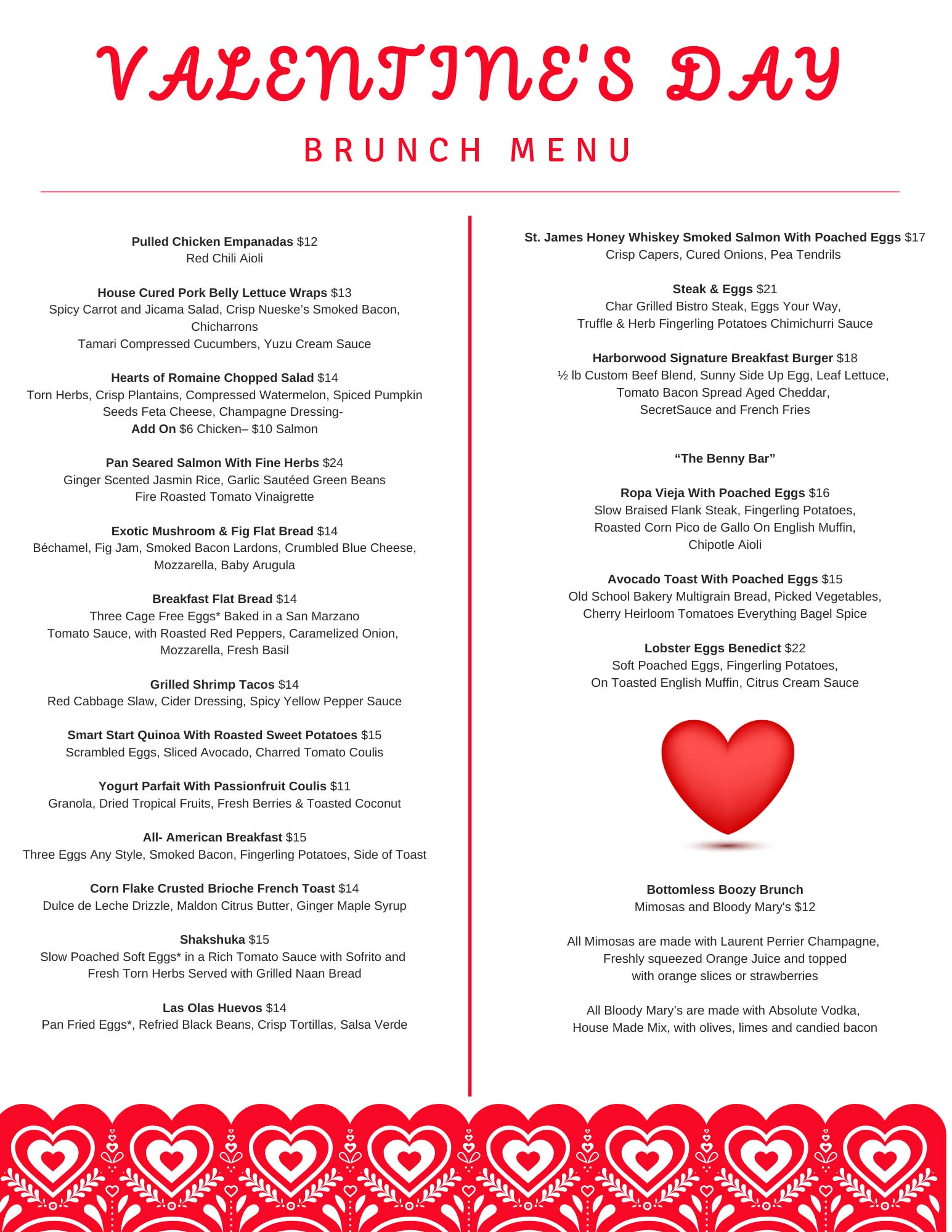 Valentine Da yBrunch Menu | Hyatt Harborwood Restaurant
